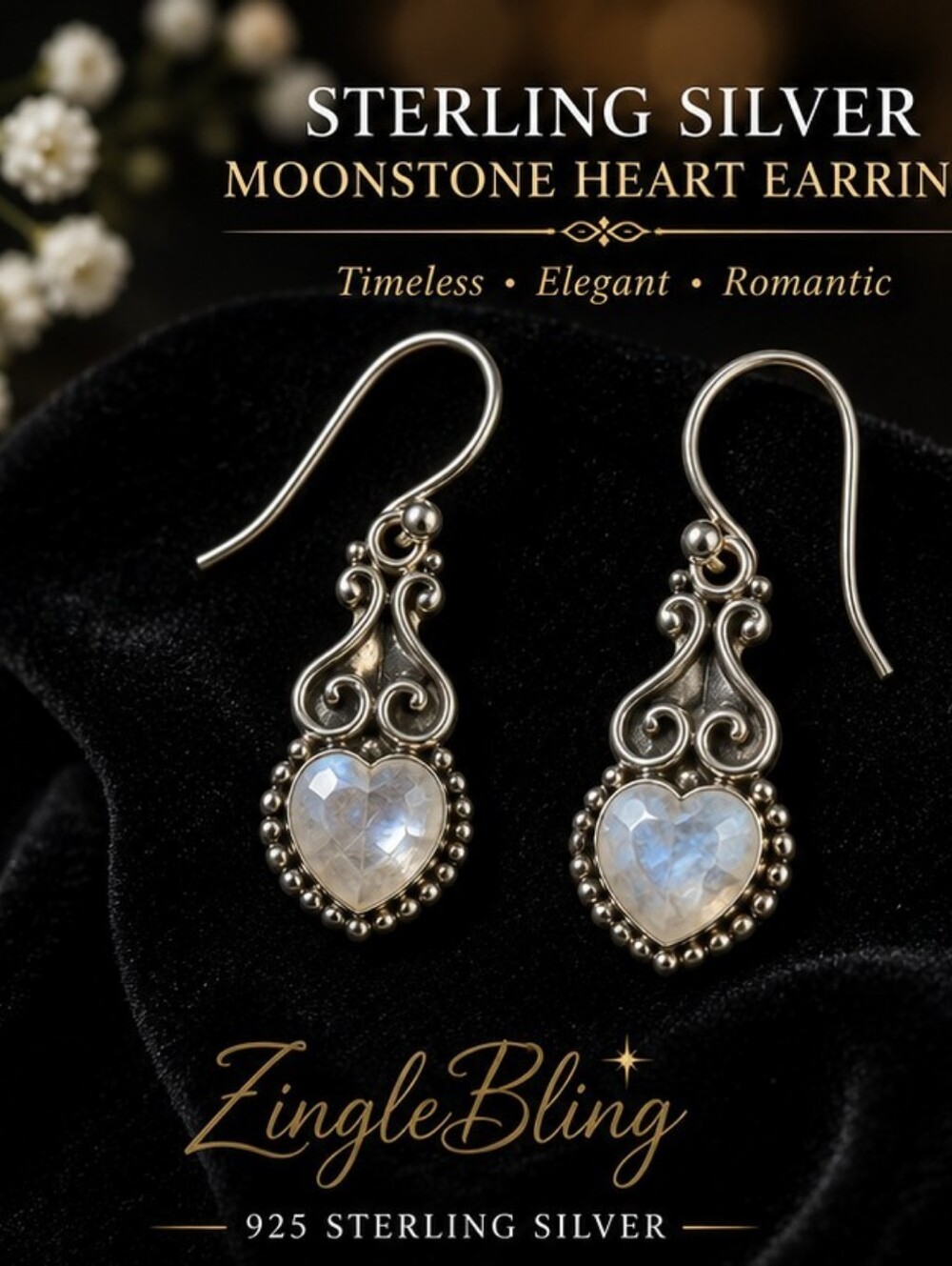 925 Sterling Silver Heart Moonstone Dangle Earrings Genuine Moonstone Artisan